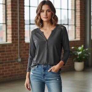 H&M Charcoal Grey Top with Delicate Lace Shoulder Detail – Size L